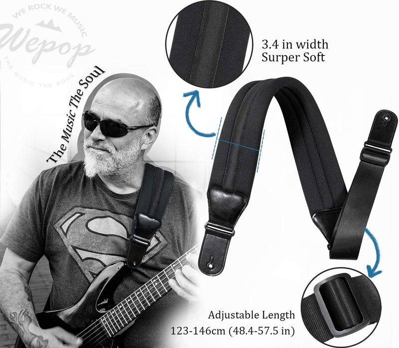 Wepop Guitar Strap Elastic Soft Comfortable Neoprene Leather 3.4in Bass Acoustic Electric Guitar (391) Black-391