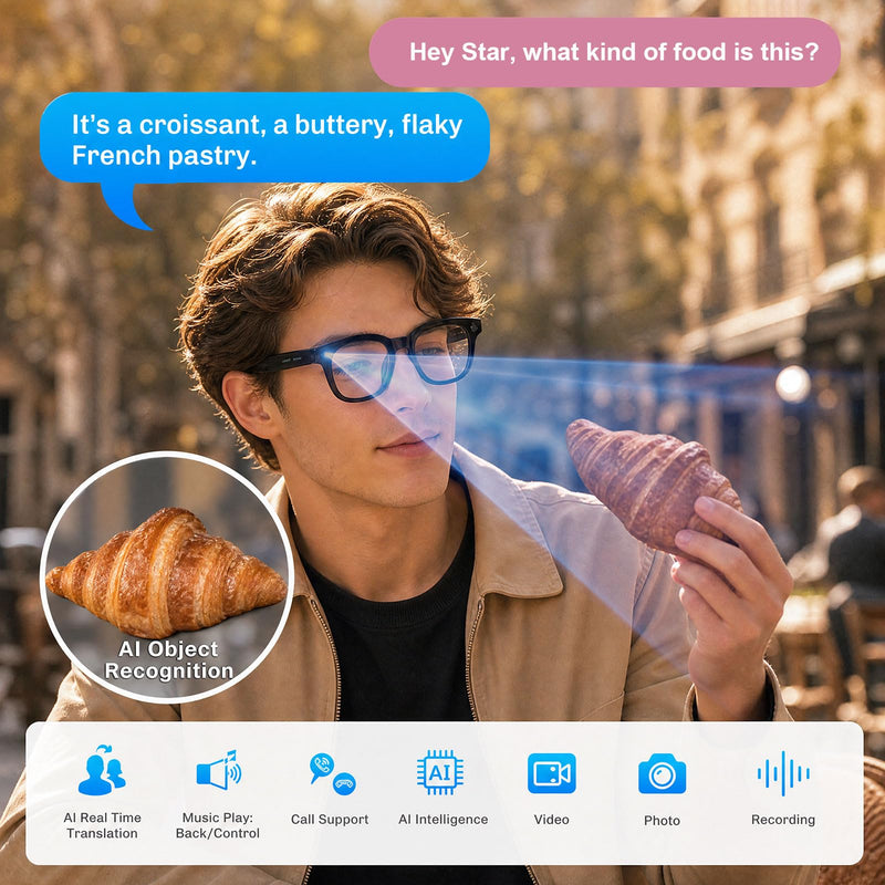 AI Smart Glasses with 1080P Video, Real-Time Translation and Open-Ear Audio | 8MP Photo Camera and AI Voice Assistant with Dual-Mic and WiFi Transfer. Swappable Lenses for Travel, Meetings and Daily Use