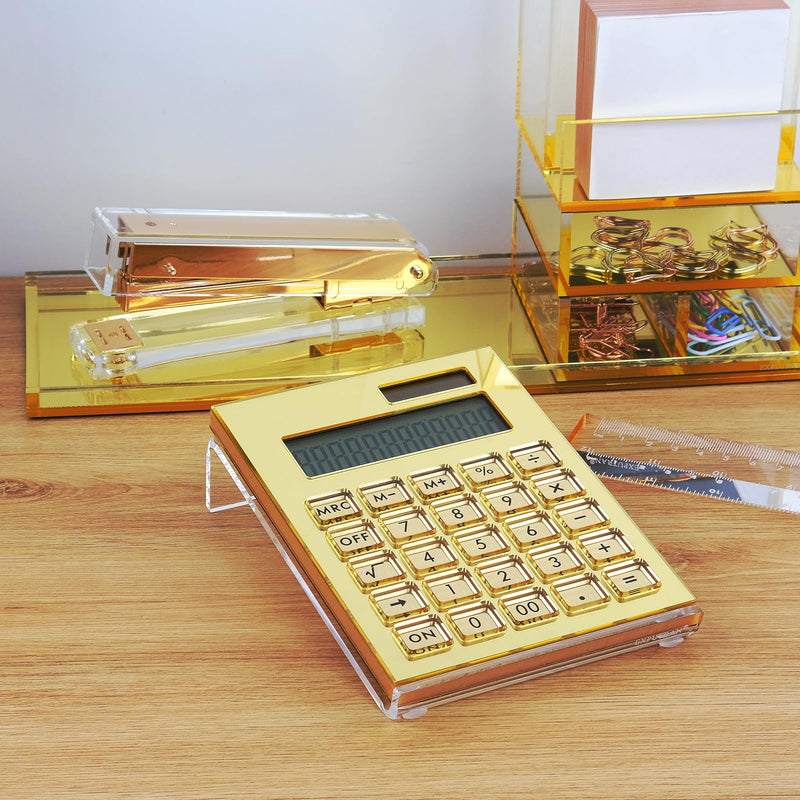 Acrylic Calculator with Stand, Battery and Solar Hybrid Powered Basic Calculator 12-Digit LCD Display,Home Office Desktop Accessories(Gold) Gold