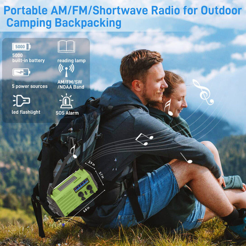 [AUSTRALIA] - NOAA Weather Radio, Emergency Hand Crank Radio with Solar Charger, Portable Battery Operated AM FM Shortwave Radio with LED Flashlight, USB Charger, Earbud Jack, SOS Alert for Home Survival Hurricane Green 