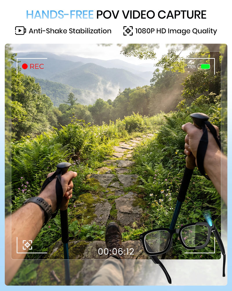 Smart Glasses with Camera and Bluetooth,HD Video Recording,Clear Lens | Voice Control,Open-Ear Bluetooth Audio, Hands-Free Calls Multi-Language Translation, Anti-Shake Video Photo Capture Black-Clear Lens