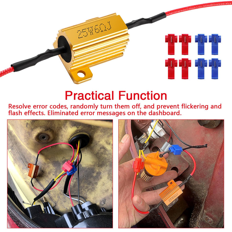 YIXISI 4 Pieces 25 W 6 Ohm Load Resistor for Car LED SMD Indicator Error Code Fix, with 8 Quick Cable Clips, for LED Indicator, LED Number Plate Light, DRL 25W 6ohm - 4pcs