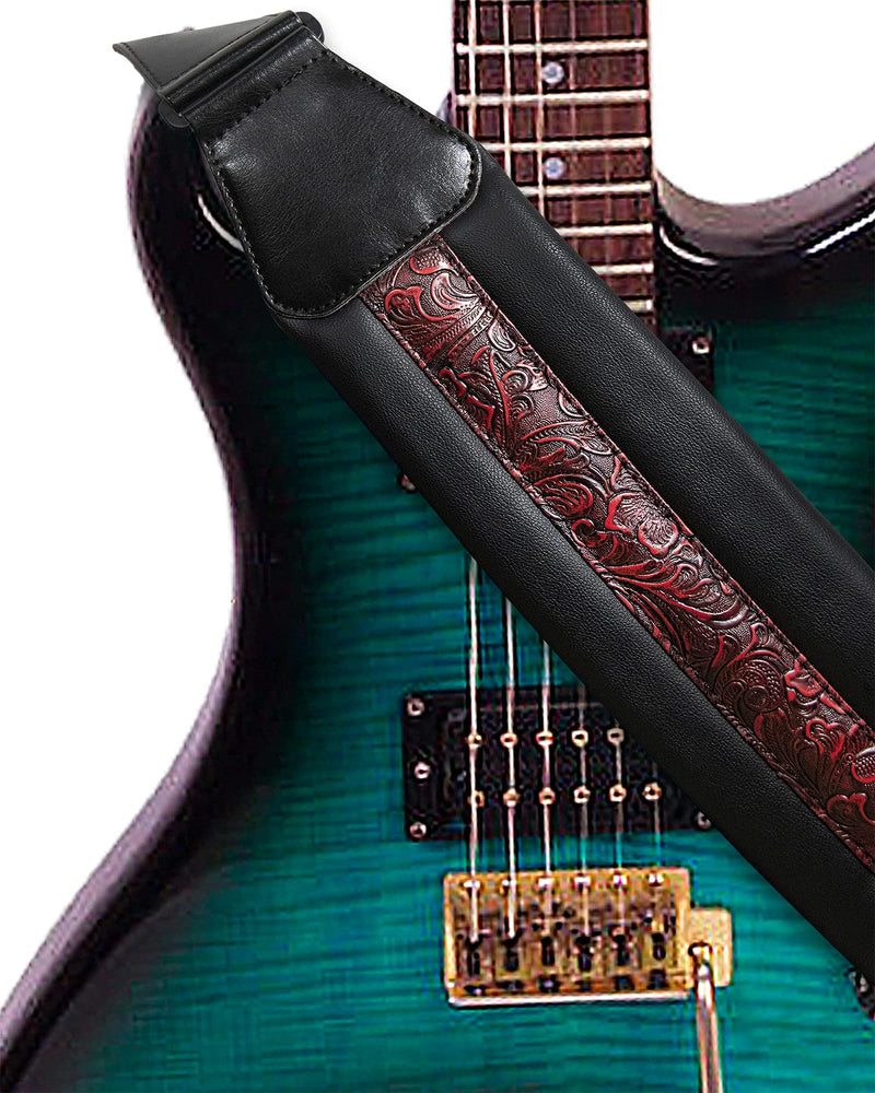 Neoprene Leather Guitar Strap 3.4'' With Carbon Buckle, Leather Top & Back Soft For Bass, Electric Acoustic Guitar Red