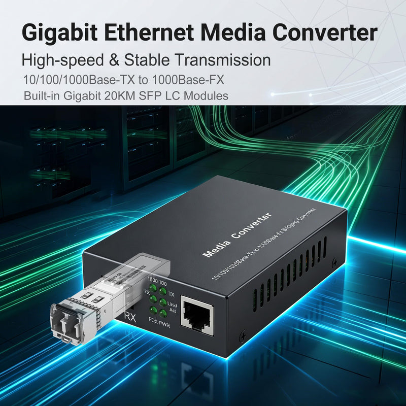 A Pair of Gigabit Fiber Media Converter with 2 Packs Gigabit SFP LC Modules 20KM Single-Mode, 1.25G/s Fiber to Ethernet Converter, Gigabit SFP to RJ45 10/100/1000M, SMF, 1310nm
