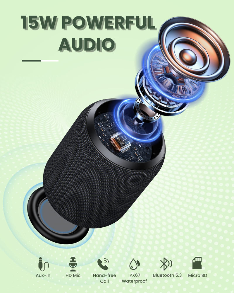 NOTABRICK Bluetooth Speakers, 15W Portable Speakers Bluetooth Wireless V5.0 with Stereo Sound, Active Extra Bass, IPX6 Waterproof Shower Speaker, Double Pairing, for Party, Home Theater, Game Theater 1PCS-Black