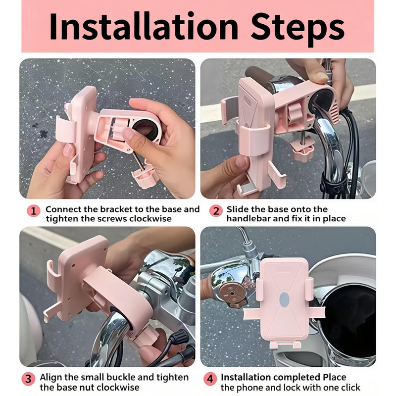 Pink Bike Phone Mount for Women, Anti-Shake Bicycle & Scooter Phone Holder | Slide-to-Lock Bicycle Phone Holder, 360° Rotatable Anti-Shake Scooter Mount for Electric Bike, Motorcycle