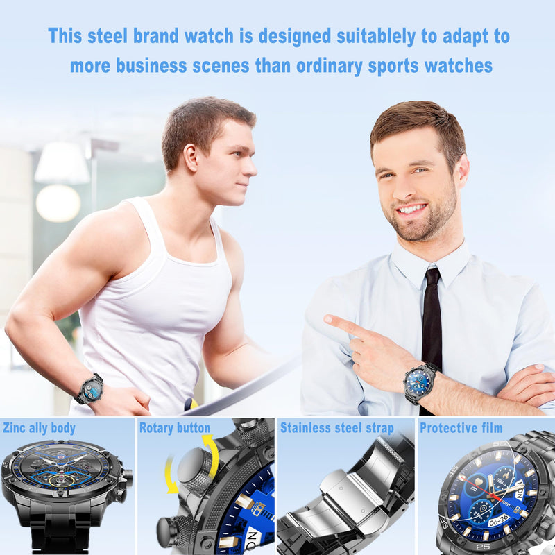 Men's Smart Watch Round HD 1.53" Gold Blue Smart Watches for Men, Multiple Sports Modes, Bluetooth Voice Call. Available for iOS and Android (Black Steel)