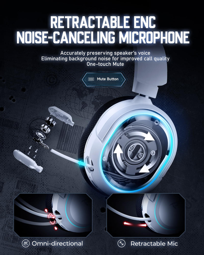 [AUSTRALIA] - Wireless Gaming Headset, 7.1 Surround Sound, 2.4GHz USB Gaming Headphones with Bluetooth 5.4, 100H Battery, ENC Noise Canceling Mic, RGB Light, Wireless Headset for PC PS5 PS4 Mac Switch (Black-White) Black-White 