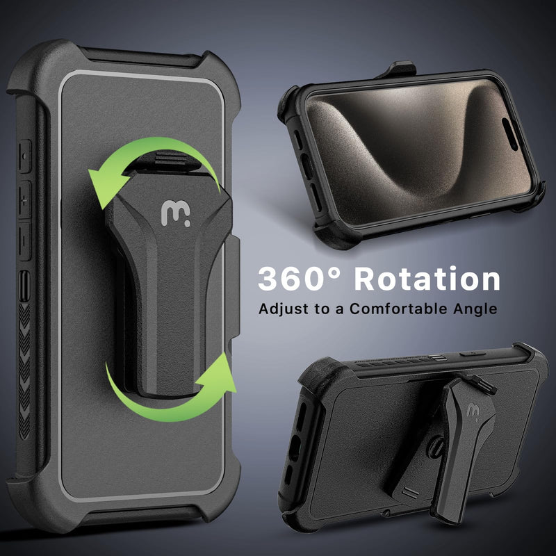 M MYBAT PRO Maverick Series for iPhone 15 Pro Max Case with Belt Clip Holster,[Compatible with Magsafe] w/Screen Protector,Anti-Drop,Shockproof,with 360°Rotating Kickstand,Heavy Duty Protection Black