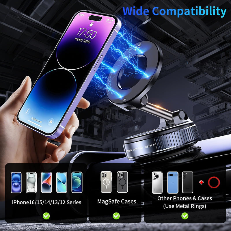 Car Phone Holder for MagSafe, 360° Adjustable Magnetic Phone Holder | Vacuum Suction Cup Phone Mount for Car Dashboard/Windshield, Car Mount for iPhone 17/16/15/14/13/12 Series,Samsung, Android