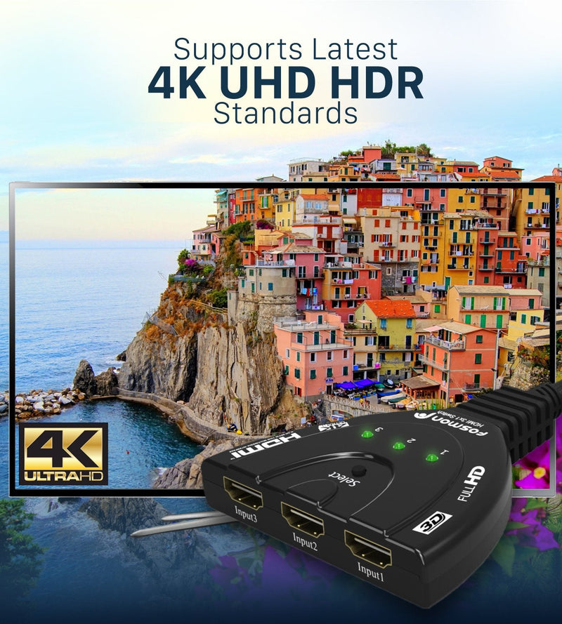 Fosmon 4K HDMI Switch 3 in 1 out 4K@30Hz, 3-Port HDMI Splitter Hub Switcher Auto Switching UHD 3D HDR HD 1080P HDCP, for HDTV, PS5/4, Xbox, Fire Stick 3-Port / 4K@30Hz