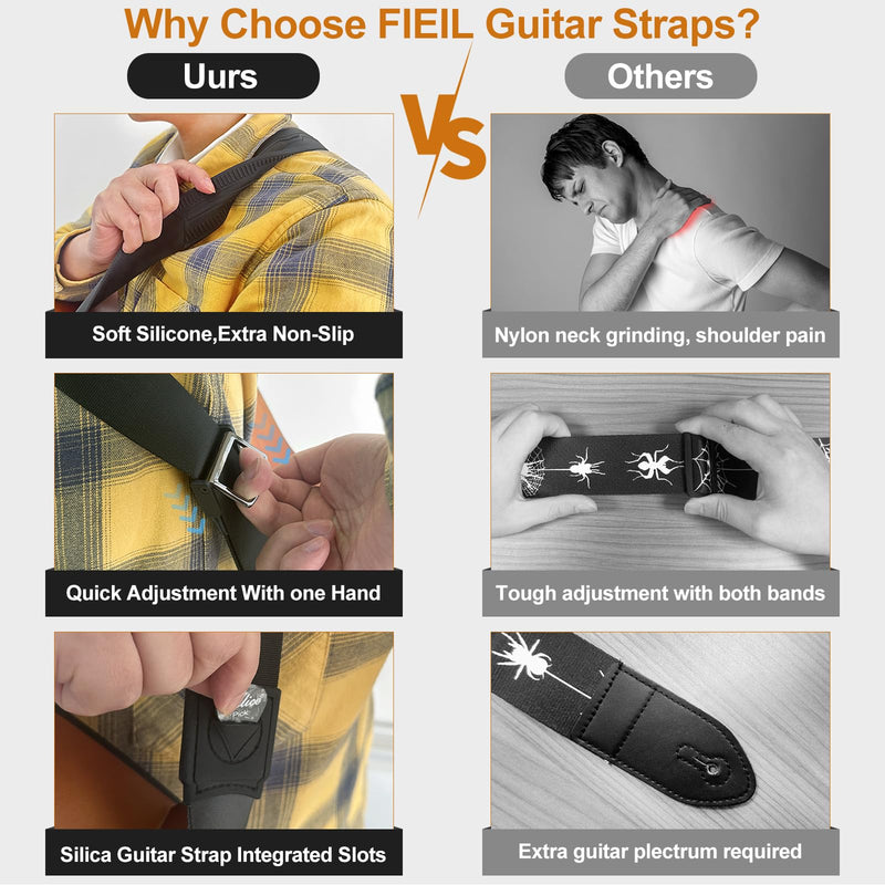 Guitar Strap, Silicone padded non-slip guitar straps with Guitar Plectrum Integrated Slot and Pull-Type Metal Buckle for Bass, Electric & Acoustic, Best Gifts for Kids, Guitarists(Leather Ends)