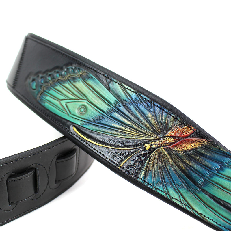 Walker And Williams KB-57 Handmade Large Vivid Blue Butterfly Padded Guitar Strap Hand Carved On Premium Black Carving Leather For Acoustic, Electric, And Bass Guitars