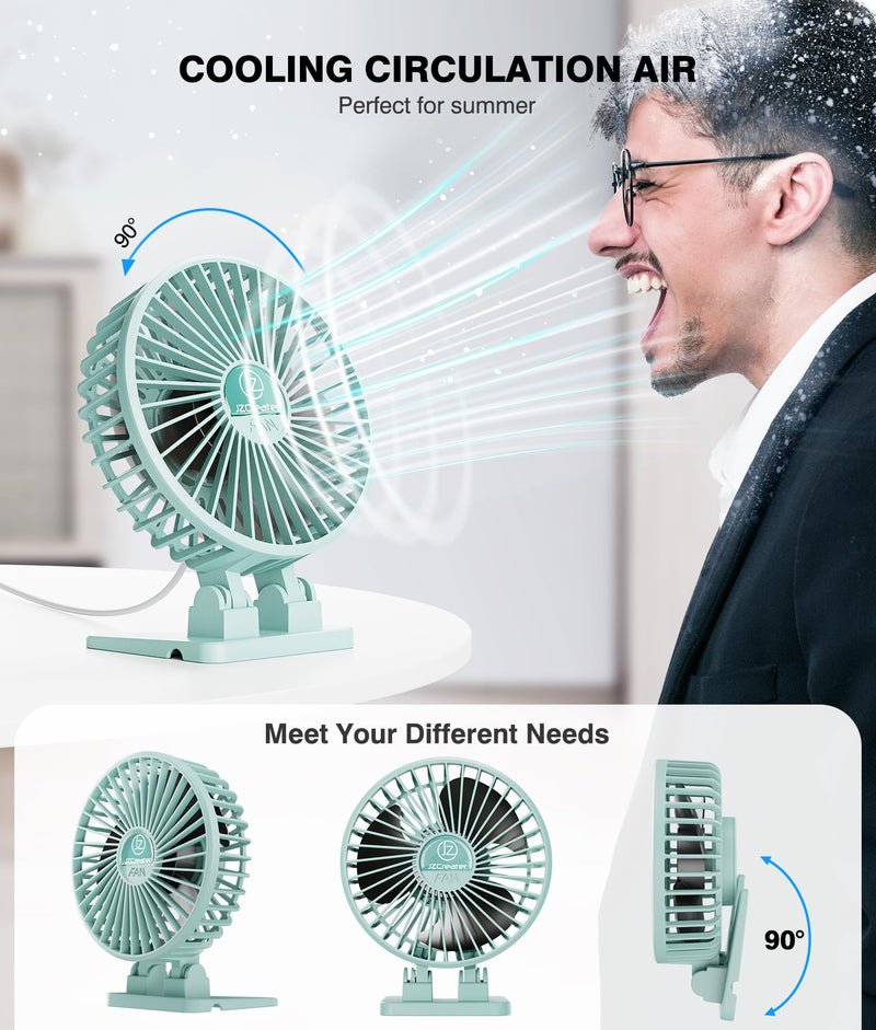 JZCreater USB Desk Fan, Mini Fan Portable, 3 Speeds Desktop Table Cooling Fan, Plug in Power Fan, Rotation Strong Wind, Quiet Personal Small Fan for Home Desktop Office Travel Bedroom, Apple Green