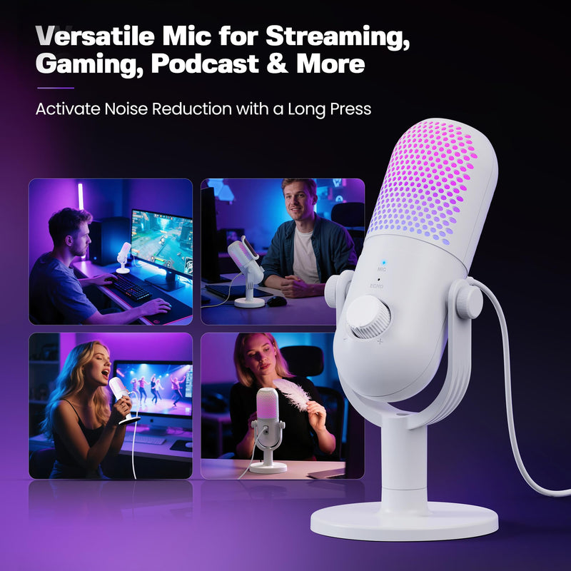USB Microphone for PC Gaming: Condenser Microphone RGB for Gamer with Stand Mic - Recording Mic for Computer&Laptop with Qiuck Mute - Desk Podcast Mic for Podcast & Singing & Streaming & Youtube White