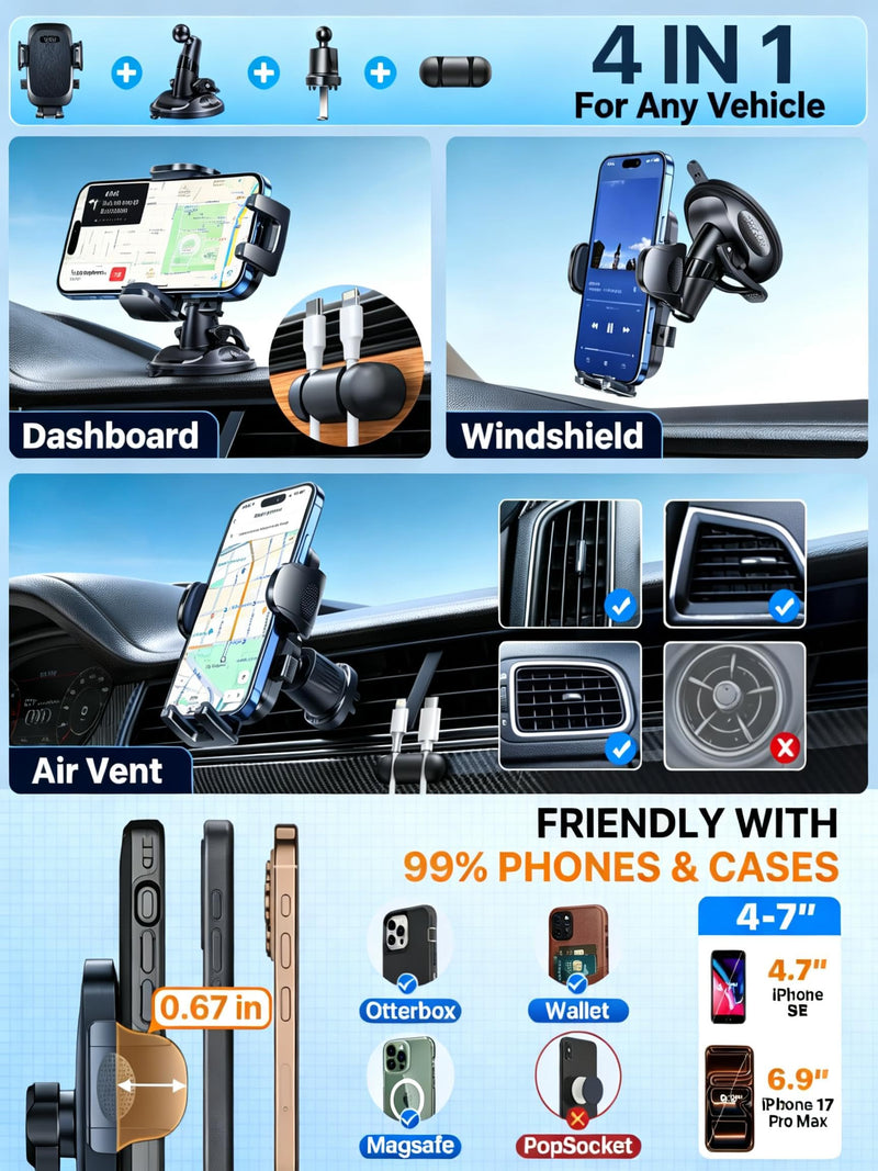 YRU 90+LBS Military-Grade Anti-Shake 2026 Upgraded Car Phone Holder Mount | Safest Strongest Patent Certs 360° Rotatable Suction Dashboard Windshield Vent for iPhone 17 16 Pro Max Samsung, Matt Black