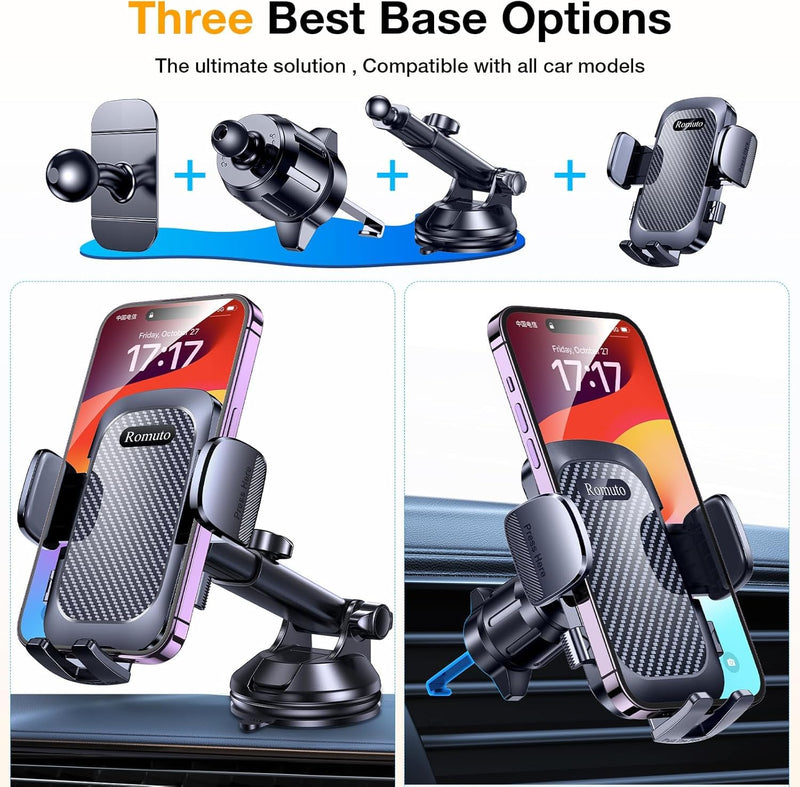 Romuto Car Phone Holder Mount [True Military-Grade Suction & Stable Vent] | Phone Holders for Your Car Phone Mount Car Accessories Suction Phone Mount for Jeep BMW Truck Cradle Stand for iPhone Samsung Clear Black