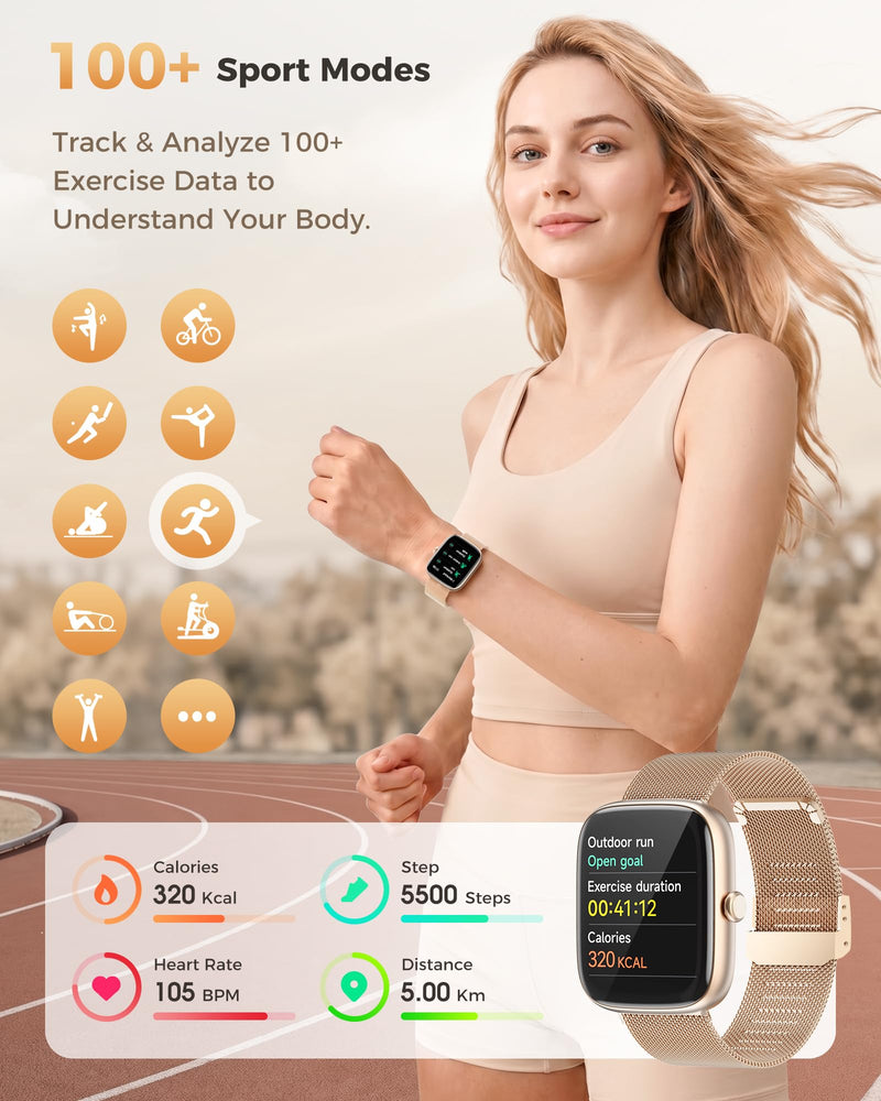 Smart Watches for Women Android/iPhone, Fitness Trackers with Answer/Call | Sleep Tracker/Step Counter/Heart Rate/SpO2 Monitor, Health Watch for 100+ Sports Modes, IP68 Waterproof, 2 Changeable Bands Gold