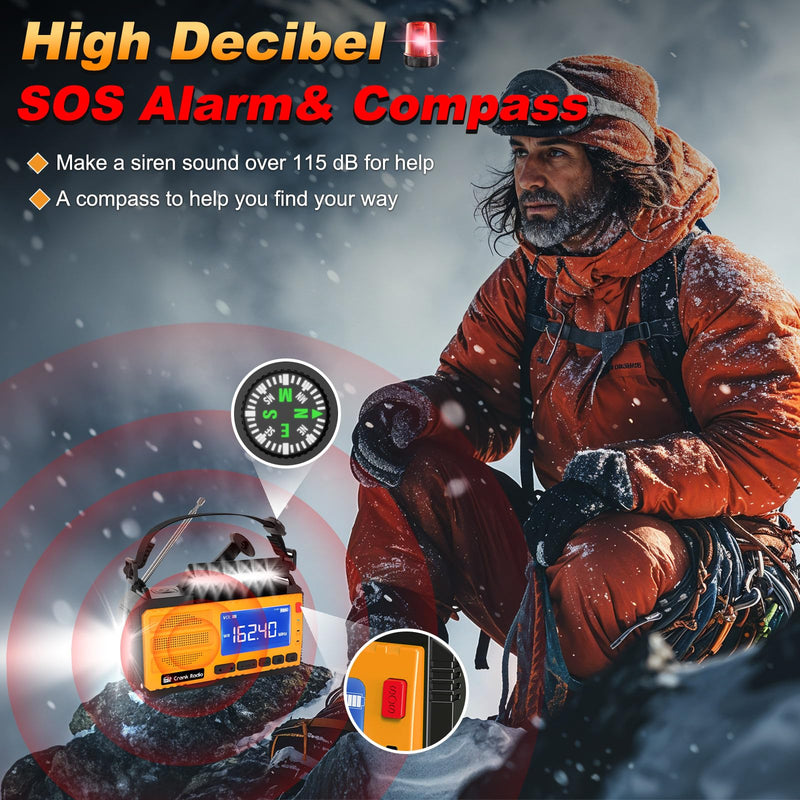 Emergency Weather Radio Solar Hand Crank Emergency Radio 37000mWh AM/FM NOAA Weather Radio with LCD Display 3 Mode Flashlight SOS Alarm Compass Headphone Jack for Winter Storm Emergency Orange