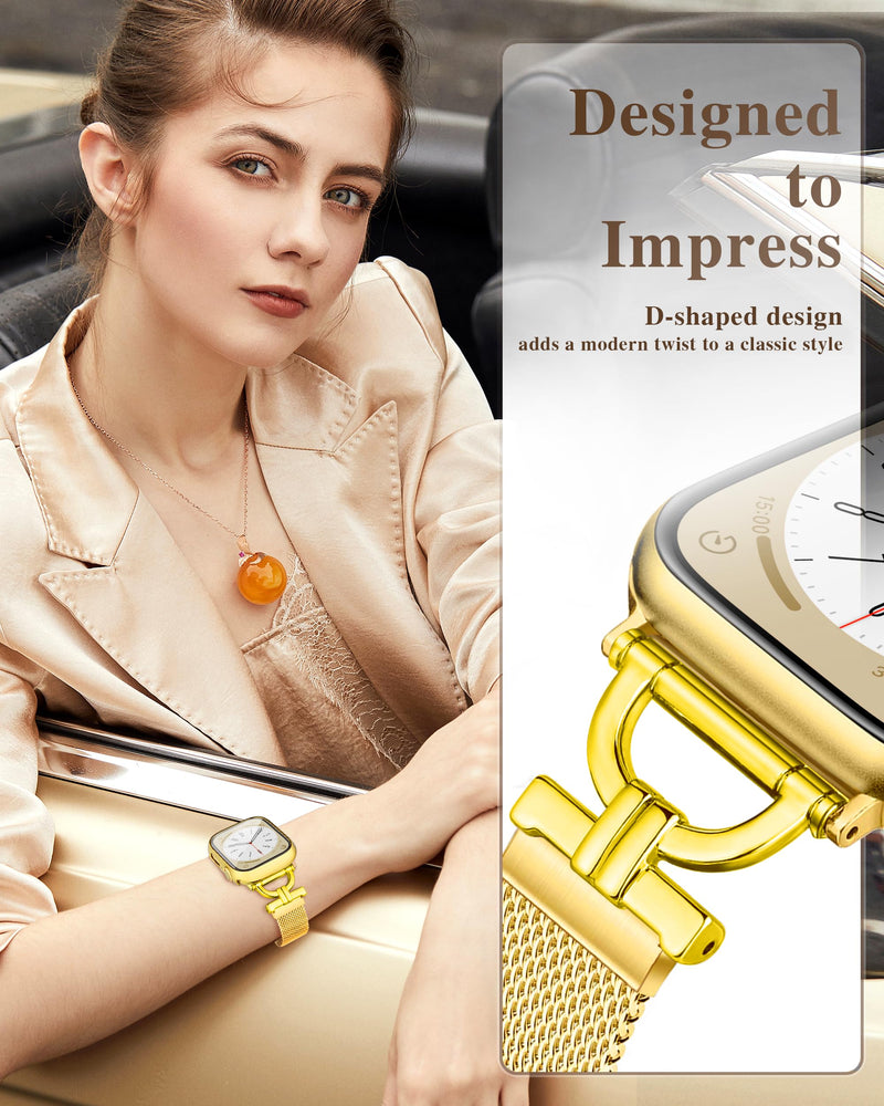 for Apple Watch Bands 41mm with Screen Protector Case, Stainless Steel Magnetic Clasp Apple Watch Bands for Women, with D-shaped Connector for iWatch Bands Series 9 8 7 (Gold, 41mm) C - Gold