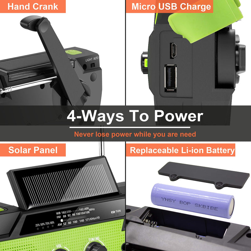 【2021 Newest】RunningSnail Emergency Crank Radio，4000mAh-Solar Hand Crank Portable AM/FM/NOAA Weather Radio with 1W Flashlight&Motion Sensor Reading Lamp，Cell Phone Charger, SOS for Home and Emergency Green