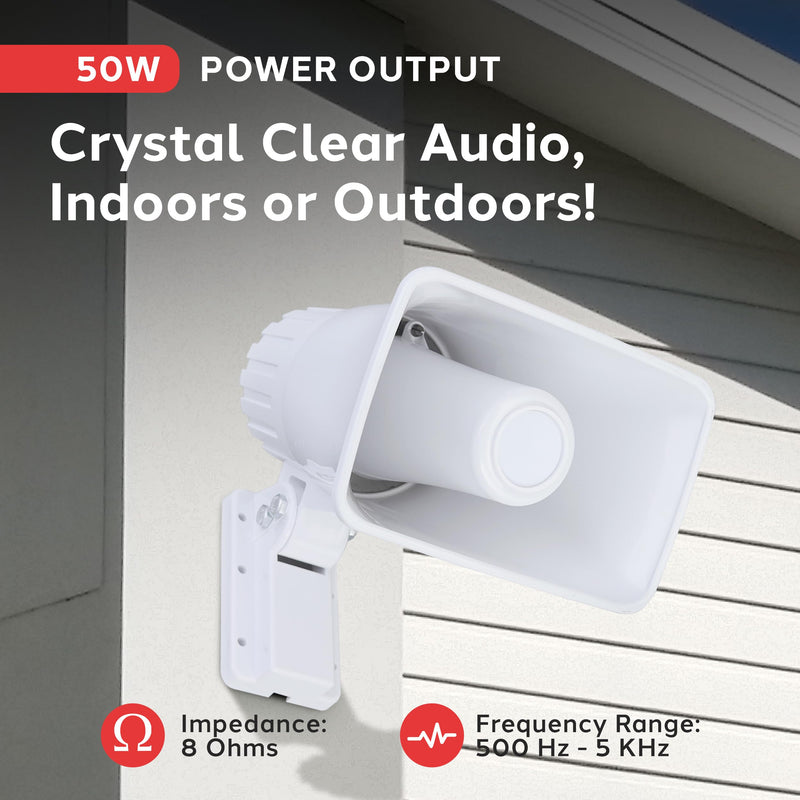 Pyle Indoor / Outdoor PA Horn Speaker - 6” Portable PA Speaker With 8 Ohms Impedance & 50 Watts Peak Power - Mounting Bracket & Hardware Included - Pyle PHSP4 White