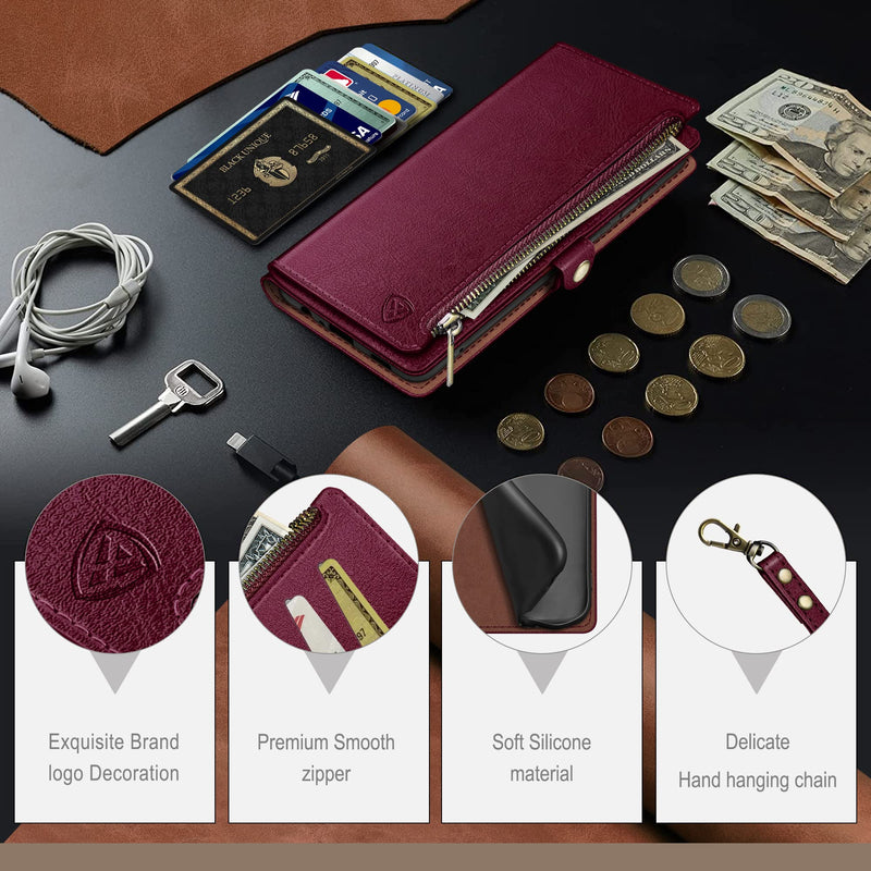 XcaseBar for Samsung Galaxy S24 Ultra Wallet case with Zipper Credit Card Holder RFID Blocking,Flip Folio Book PU Leather Shockproof Protective Cover Women Men Samsung S24Ultra Phone case Wine Red