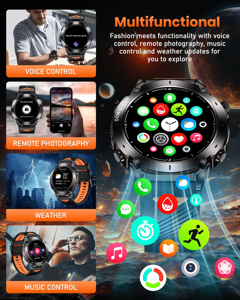 GPS Military Smart Watch for Men with Flashlight, 1.43'' AMOLED Smartwatch with Bluetooth Calling, 730mAh Battery, IP68 Waterproof, 170+ Sports Modes, Compatible with Android & iPhone