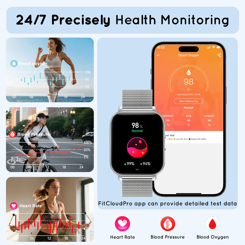 Smart Watch for Women Men 30 Day+ Battery Life 1.85" Fitness Tracker-Silver | Compatible iPhone & Android with Bluetooth Calling/Heart Rate/SpO2 Monitor, 120+ Sports Modes, 1000mAh 3 Bands Silver 44 MM