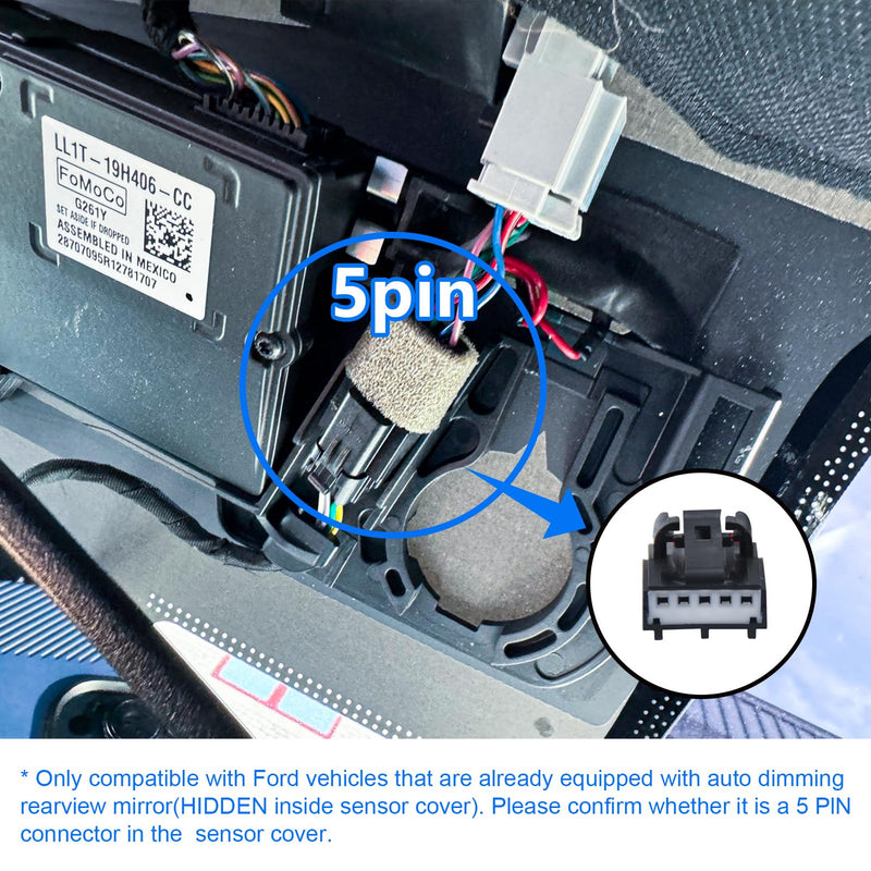 mangoal Dashcam Power Adapter Custom for Ford 5 Pin (Model B) for Mustang Mache Explorer Edge Expedition & More, Connect Auto-Dimming Connector(Hidden)