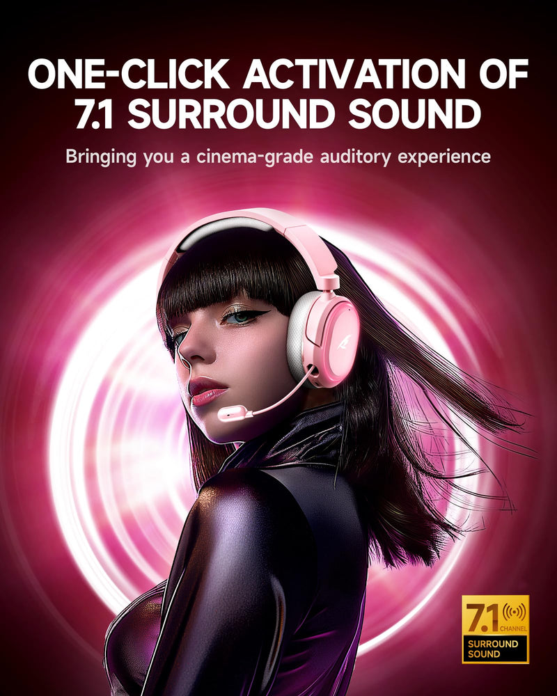 [AUSTRALIA] - Wireless Gaming Headset, 7.1 Surround Sound, 2.4GHz USB Gaming Headphones with Bluetooth 5.4, 100H Battery, ENC Noise Canceling Mic, RGB Light, Wireless Headset for PC PS5 PS4 Mac Switch (Gray-Pink) White-Pink 