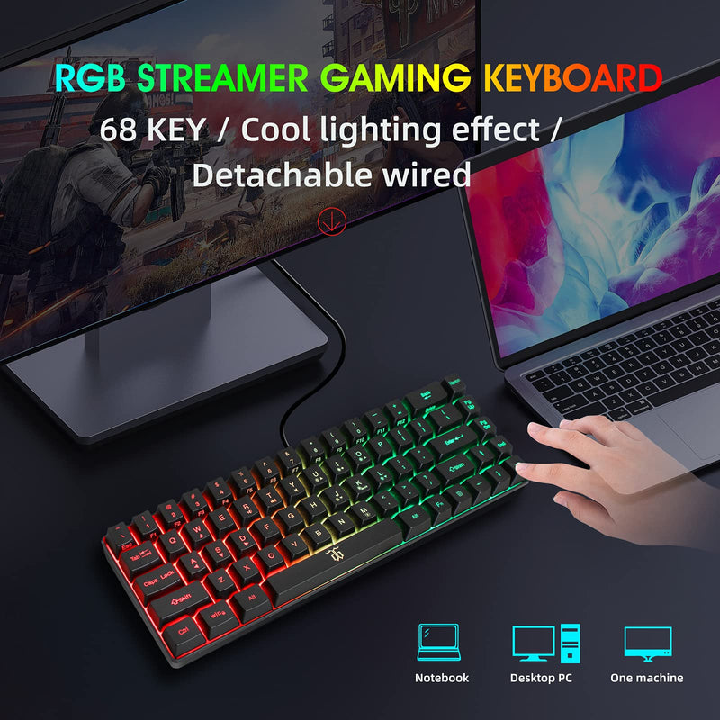 Snpurdiri Wired 65% Gaming Keyboard, 68 Keys Mini Keyboard RGB Backlit,More Pratical Arrow Keys and Edit Keys Than 60 Keyboard, for PC/Mac Gamer, Typist, Travel(Black) Black(detachable cable)