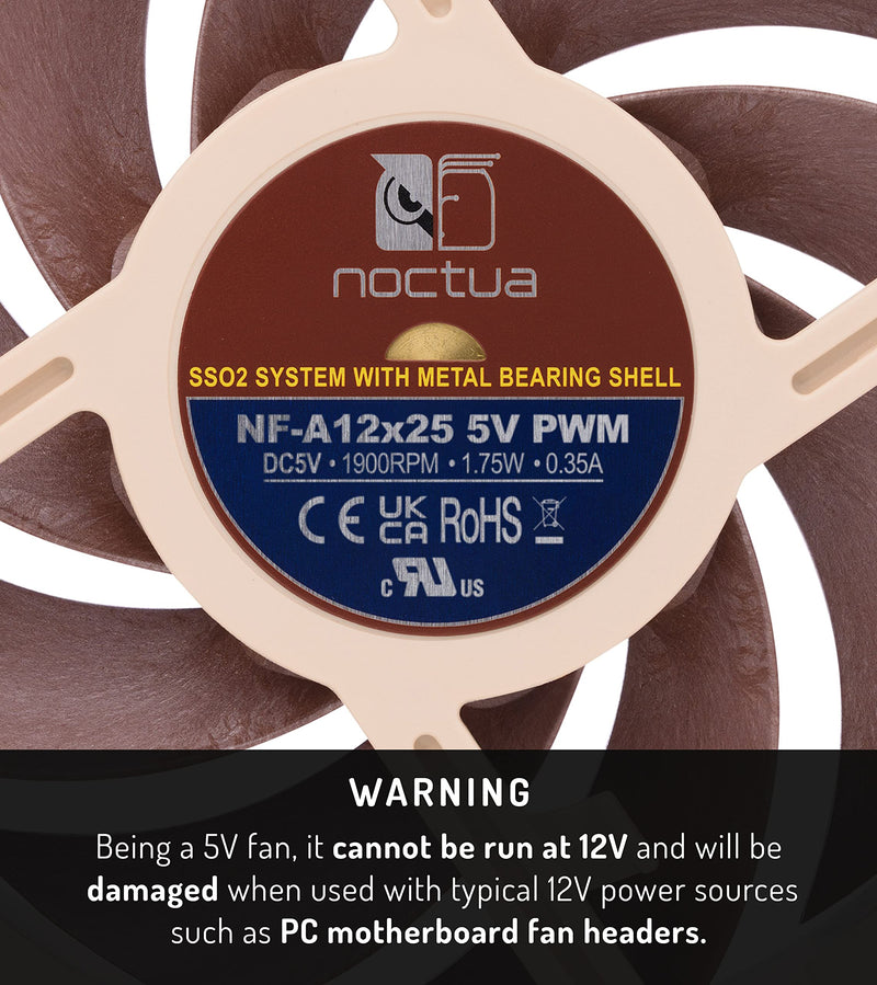 Noctua NF-A12x25 5V PWM, High-Performance Quiet Fan 120mm | High Airflow and Static Pressure, Low Noise, 5V, 25mm Thick Fan, USB-A Power Adaptor, 1900rpm 4-Pin PWM Single