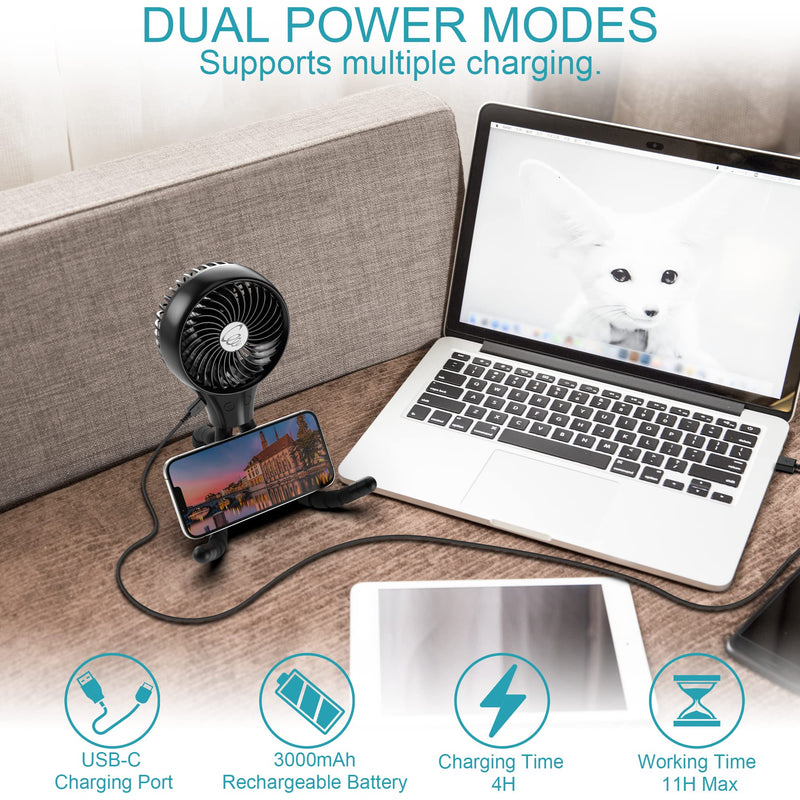 Auto Oscillating Stroller Fan, Battery Operated Fan, Portable Fan with Flexible Tripod, Ultra Quiet USB Desk Fan for Stroller/Car Seat/Treadmill/Camping/Hurricane/Outage, Black