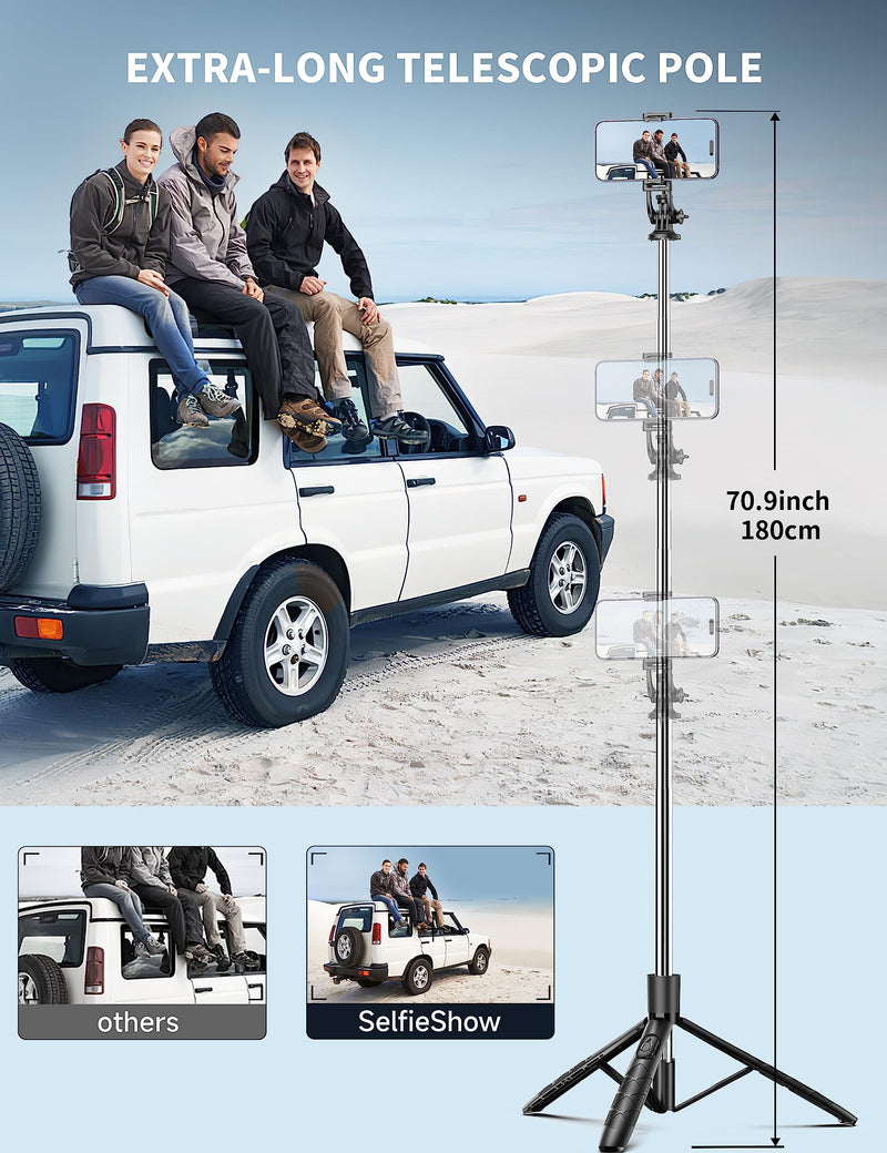 71" Phone Tripod & Selfie Stick, All in One Extendable Cell Phone Tripod with Wireless Remote, Tripod Stand for iPhone & Travel Tripod 360° Rotation Compatible with iPhone Android Phone, Camera Black
