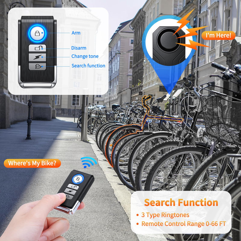 WSDCAM Wireless Bike Alarm with Remote, Rechargeable Bicycle Alarm System Anti Theft, IP65 Waterproof, 113dB Loud Bike Alarms for E-bikes, Motorcycles, Scooter, Outdoor Riding and Cycling Safety