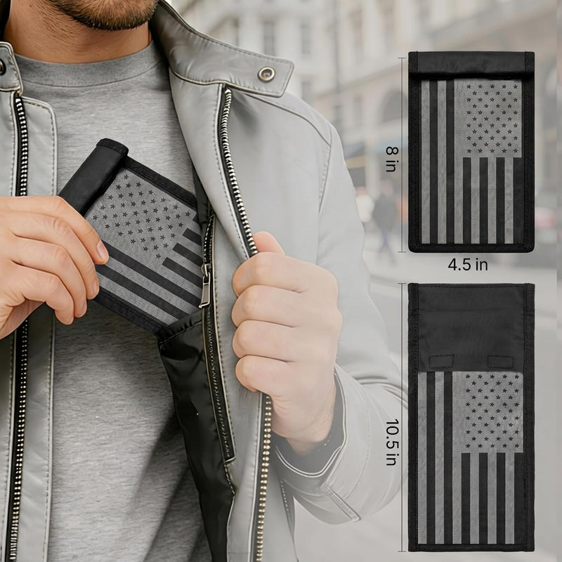 ALBARQ Premium Faraday Bags for Phones Waterproof Signal EMF Blocking Faraday Pouch RFID Blocking Phone Sleeve Cell Phone Privacy Bag with Double Fold Magnetic Closure Black Gray American Flag Design