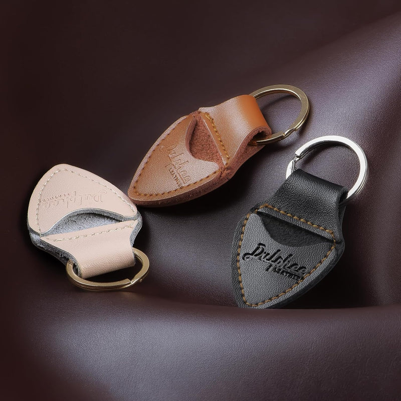 Guitar Picks Holder Keychain with 3 Picks, Genuine Leather Handmade Plectrum Cases Bag (Black) Black