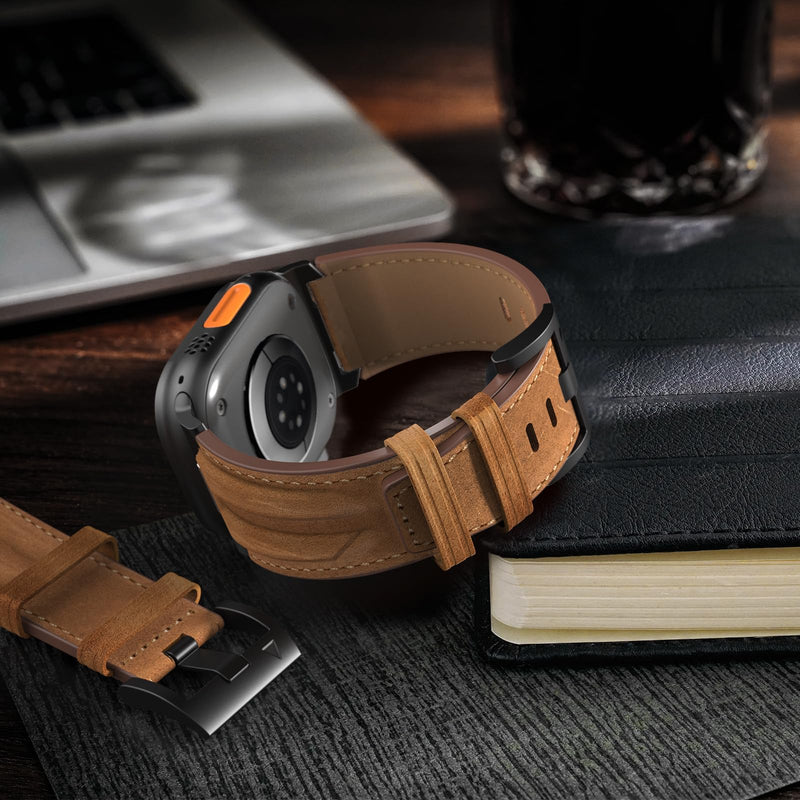 Top Grain Genuine Leather Compatible with Apple Watch Ultra Band 49mm 46mm 45mm 44mm 42mm, Rugged Metal Connector Band Strap for for Women Men iWatch Ultra 2/1 Series 10 9 8 7 6 5 4 3 2 1
