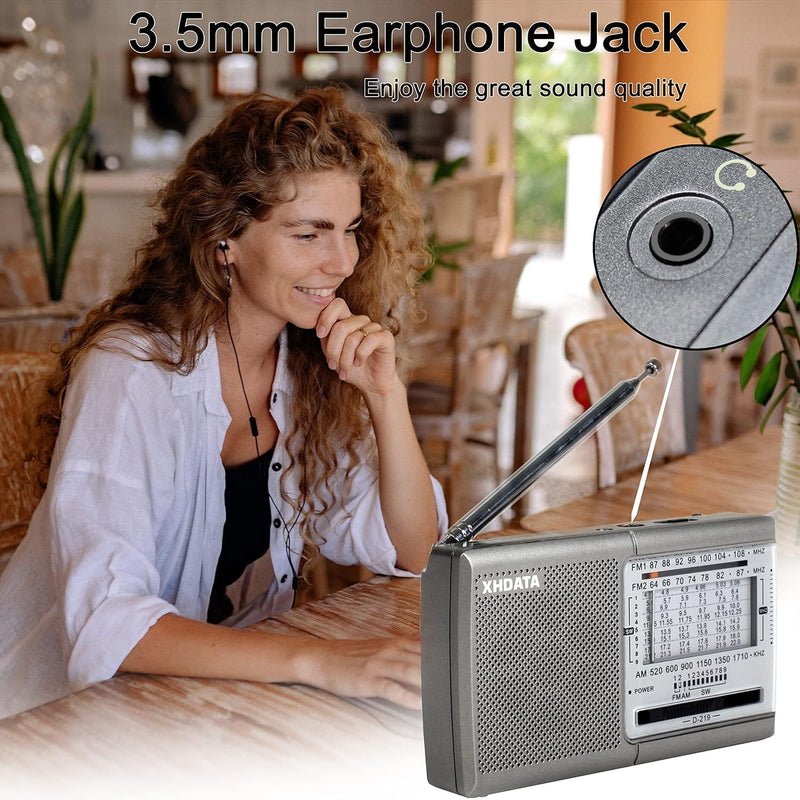 XHDATA D219 Portable AM FM Shortwave Radio Battery Operated Small Great Reception Radio with Good Sound,Earphone Jack for Gift Elder,Home,Child [Sliver] Sliver