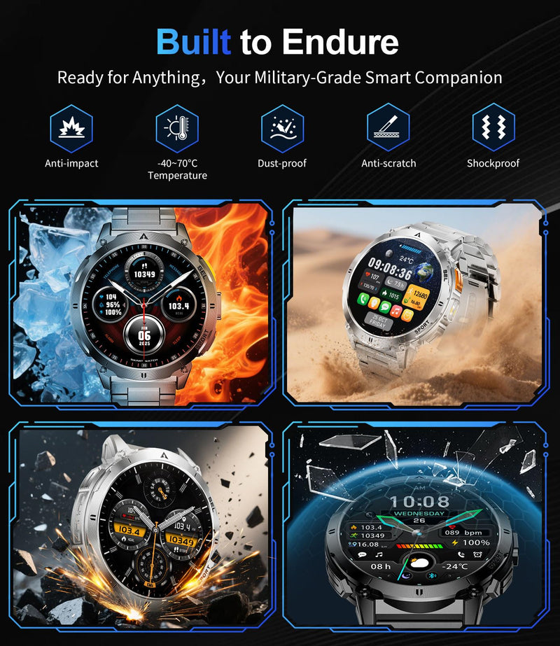 Military Smart Watches for Men, Smartwatch with 730mAh/1.62" AMOLED Screen/Flashlight/Heart Rate/Sleep/Calling/110+ Sports Mode, Rugged Men's Fitness Tracker Watch for Android iOS,Black Black metal band + black silicone