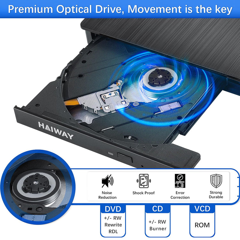 [AUSTRALIA] - Haiway External DVD Drive, USB 3.0 Type-C CD Burner Portable CD DVD +/-RW Optical Drive Slim CD DVD ROM Rewriter CD/DVD Player Writer Reader for Laptop Desktop MacBook PC Windows Linux Mac OS (Black) USB 3.0 USB-A & USB-C BK 
