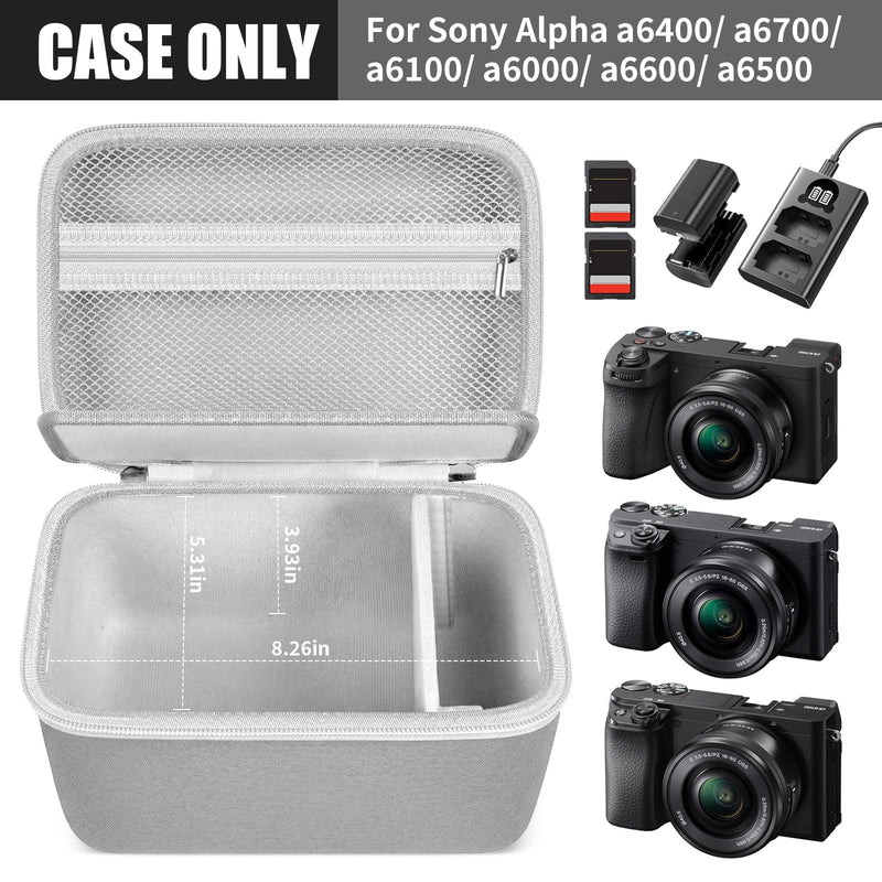 casmilee Camera Case for Sony Alpha ZV-E10 Alpha a6400/ a6700/ a6100/ a6000/ a6600/ a6500 Mirrorless Digital Camera, Hard Travel Bag with a Shoulder Strap for Lens & Accessories (Grey, Large) Grey