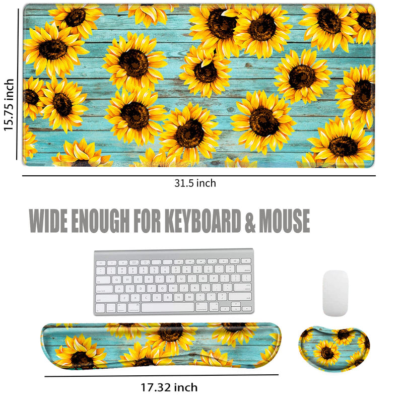 Keyboard Wrist Rest and Desk Mats On Top of Desks- Sunflower Desk Pad Wrist Rests for Keyboard and Mouse 31.5" x 15.75" Large Mouse Pad XXL Desk Organization Decor for Women Office Sunflower Teal