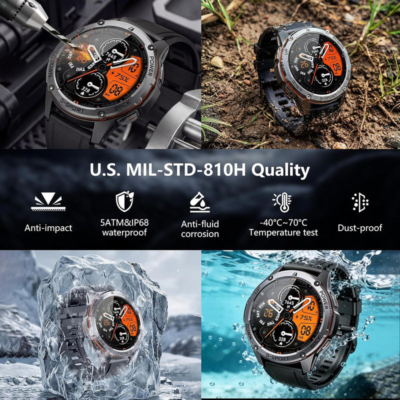 GPS Military Smart Watches for Men - Military Grade, 6-Satellite Positioning, 800mAh 30-Day Battery, 5ATM Waterproof Rugged Fitness Watch for Outdoor Tactical Use 1.43" AMOLED Rugged Fitness Watch