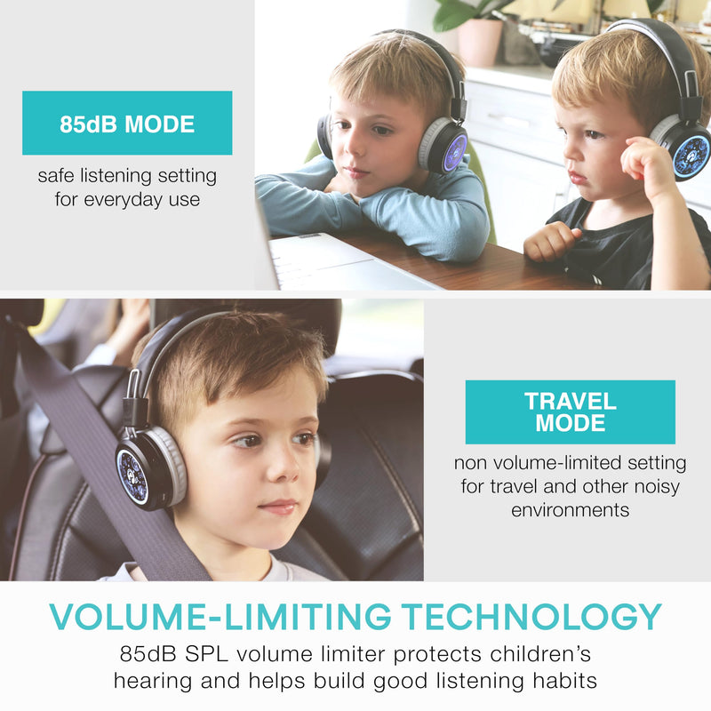 MEE audio KidJamz Share Bluetooth Headphones for Kids with LED Lights, 85dB Volume Limiter, Microphone, 40h Battery; Childrens Headset for School/iPhone/iPad/Tablet (Model: KJ55BT-S, 2-Pack) Black Share (2-Pack)