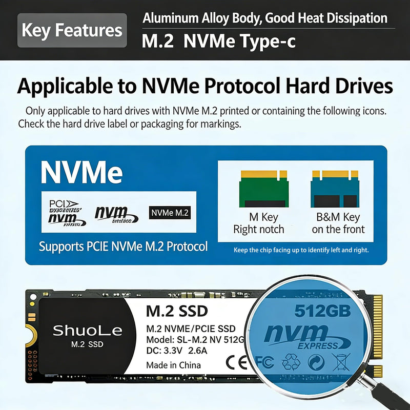 M.2 NVMe SSD Enclosure, USB 3.2 Gen2 10Gbps M.2 to USB-C Adapter, Aluminum PCIe External Case, Support 2230/2242/2260/2280 M/B&M Key SSD, UASP Trim for Mac Windows Linux(SSD Not Included)