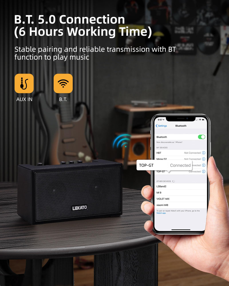 LEKATO Guitar Amplifier with Clean Overdrive Effects 5W Rchargeable Electric Guitar Amp Small Bass Amplifier Bluetooth Bass Amplifier for Daily Practice Black