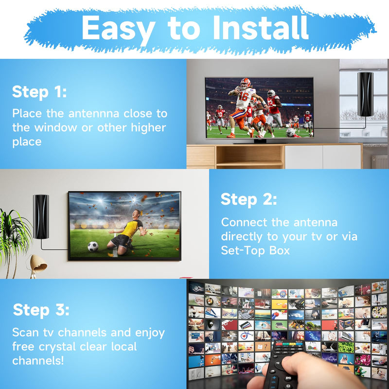 2025 Strongest Digital TV Antenna, 1600+Miles Range TV Antenna for Smart TV Indoor, 360° Reception TV Antenna Indoor with Amplifier Signal Booster Support 4K 8K 1080p All TV's-36ft Thick Coaxial Cable AN-5004