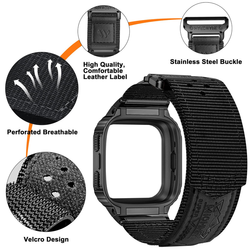 MioHHR Nylon Bands with Stainless Steel Case for Fitbit Versa 4 3 2 1 Lite | Breathable Adjustable Strap and Metal Protective Cover Compatible with Fitbit Sense 2 1 for Men 6.1"-8.9",Durability Black Large-（6.7''-8.9''）